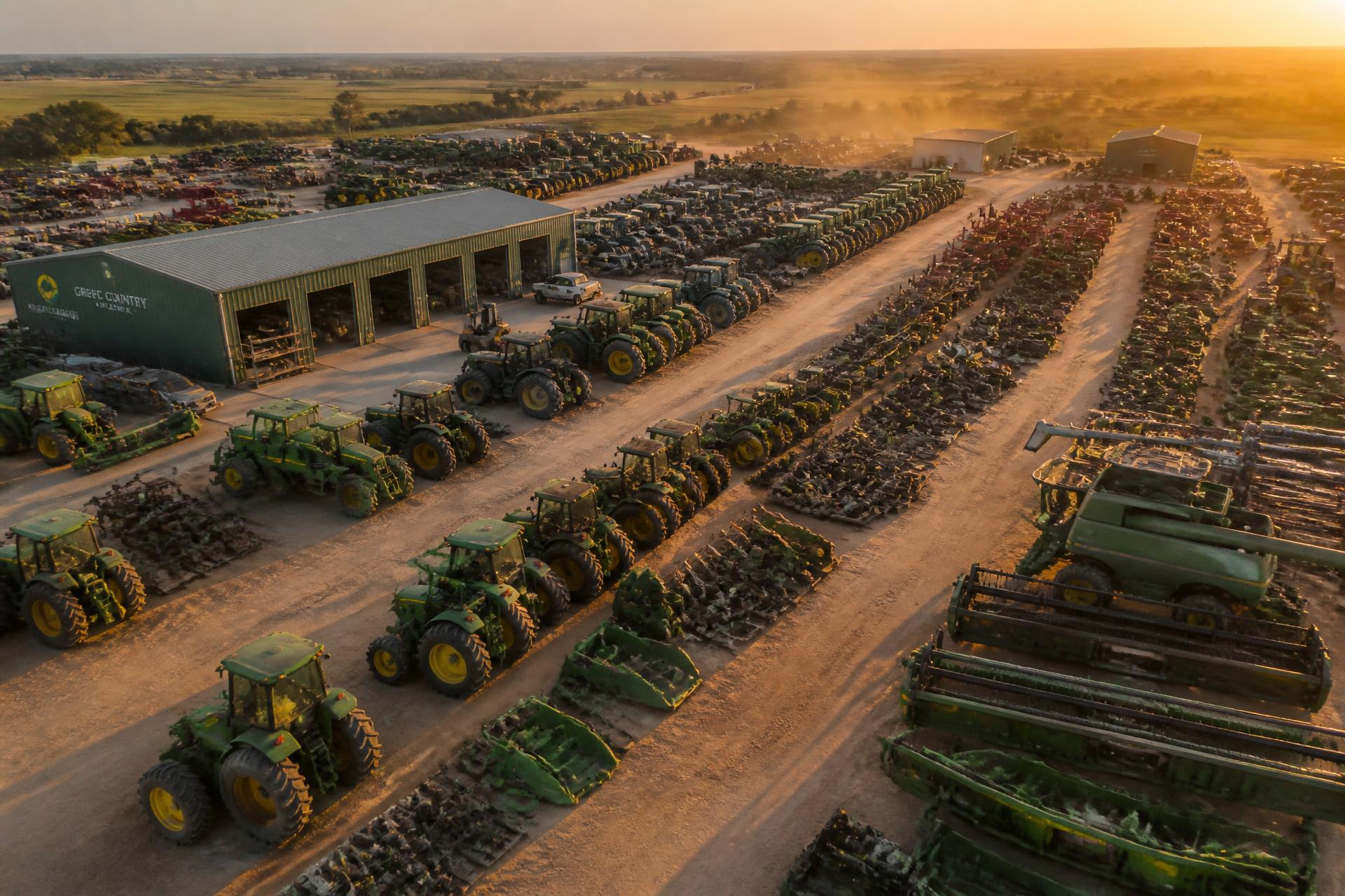 Pátio de desmanche de máquinas agrícolas ao entardecer